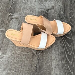 Qupid Tan and White Wedge Sandals